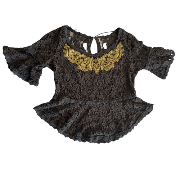 Free People Blue Gray Lace and Gold Ruffled Peplum Blouse - Picture 1 of 15